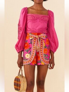 Farm Rio Pink Flower Tapestry Linen Blend Shorts S Small NWT